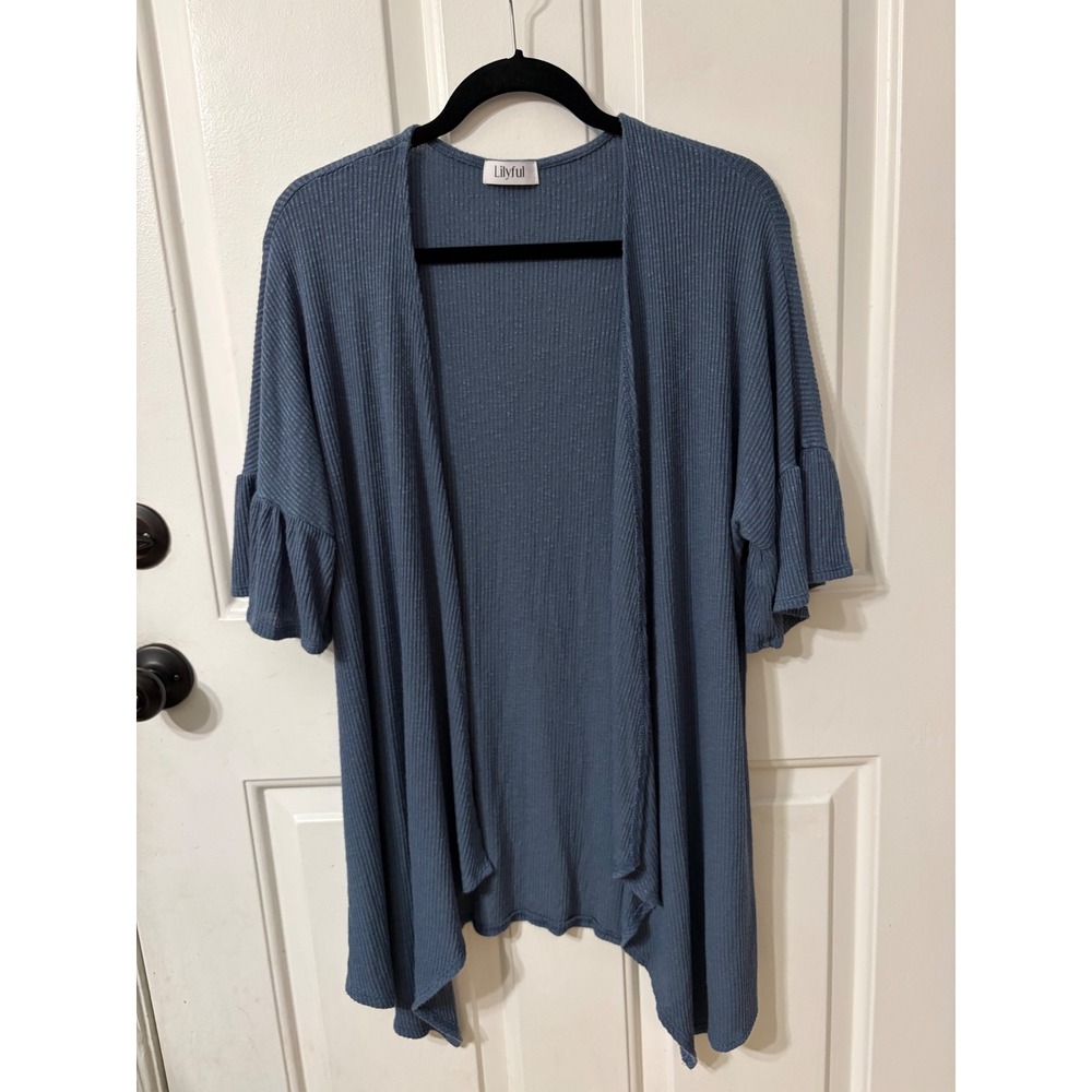 Lilyful | Ribbed Ruffle Sleeve Open Cardigan | Large || Blue |